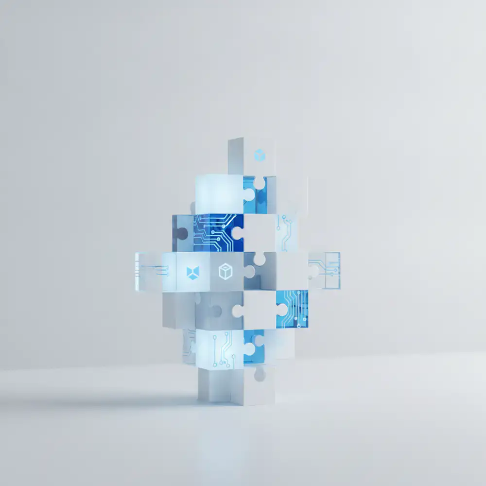 Composição abstrata em blocos representando comunicação digital no estilo puzzle