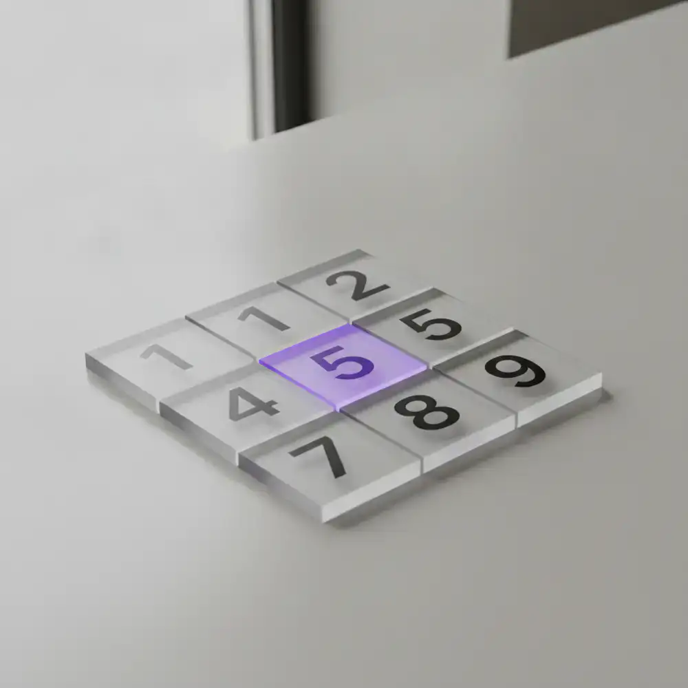 Visão minimalista da grade 3x3 com peças numeradas e destaques roxos