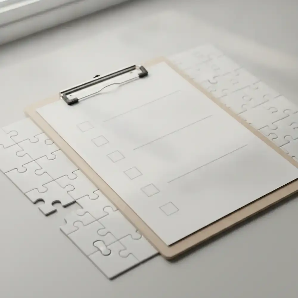Ilustração de uma prancheta de checklist de qualidade sobreposta à grade do puzzle